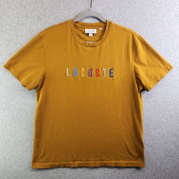 Lacoste Shirt Mens L Gold Rainbow Logo Regular Fit Crew Neck Tee Embroidered - Picture 1 of 15